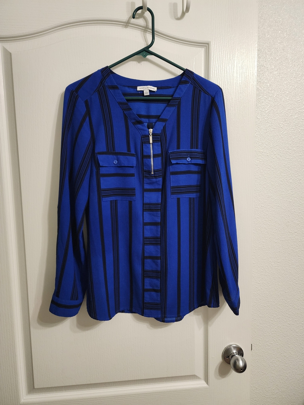 Notations Royal Blue and Black Striped Button-Front Blouse